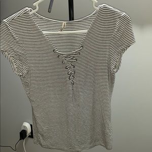 Grey and white striped t shirt with laces